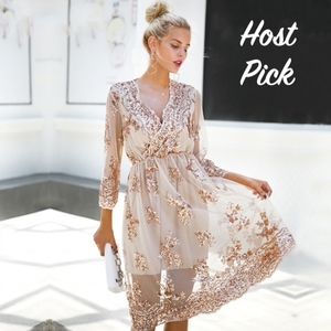 Tan Midi V-Neck Mesh Dress with Rosegold Sequins